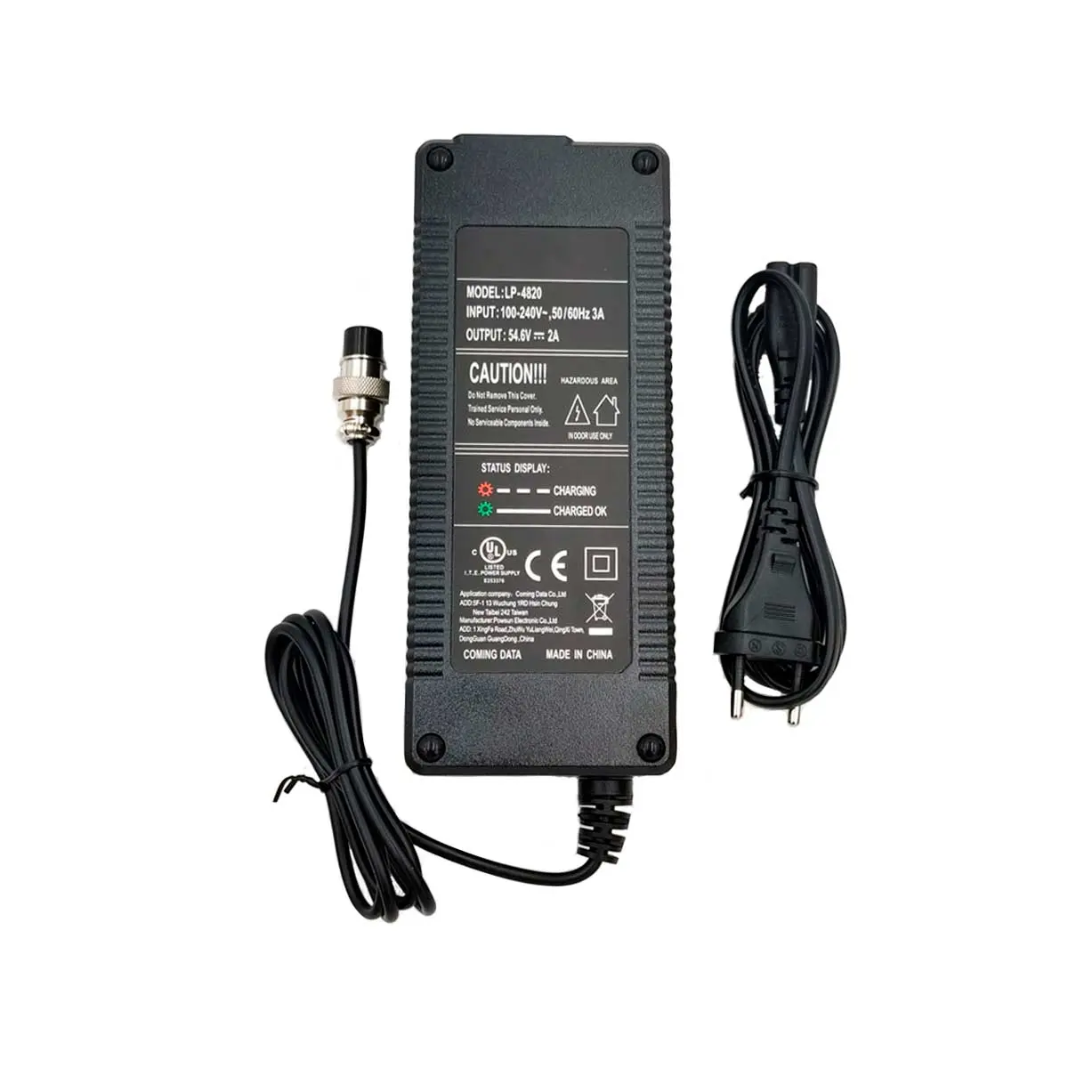 Etiqueta de especificaciones técnicas del Cargador Patinete Eléctrico 54.6V 2A Conector GX16, mostrando voltaje de salida 54.6V y corriente 2A para carga segura.