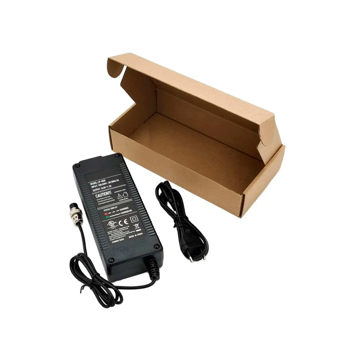 Pack completo del Cargador Patinete Eléctrico 54.6V 2A Conector GX16: incluye adaptador y cable en caja resistente, garantía de carga segura, compatible con SmartGyro y Urbanglide.