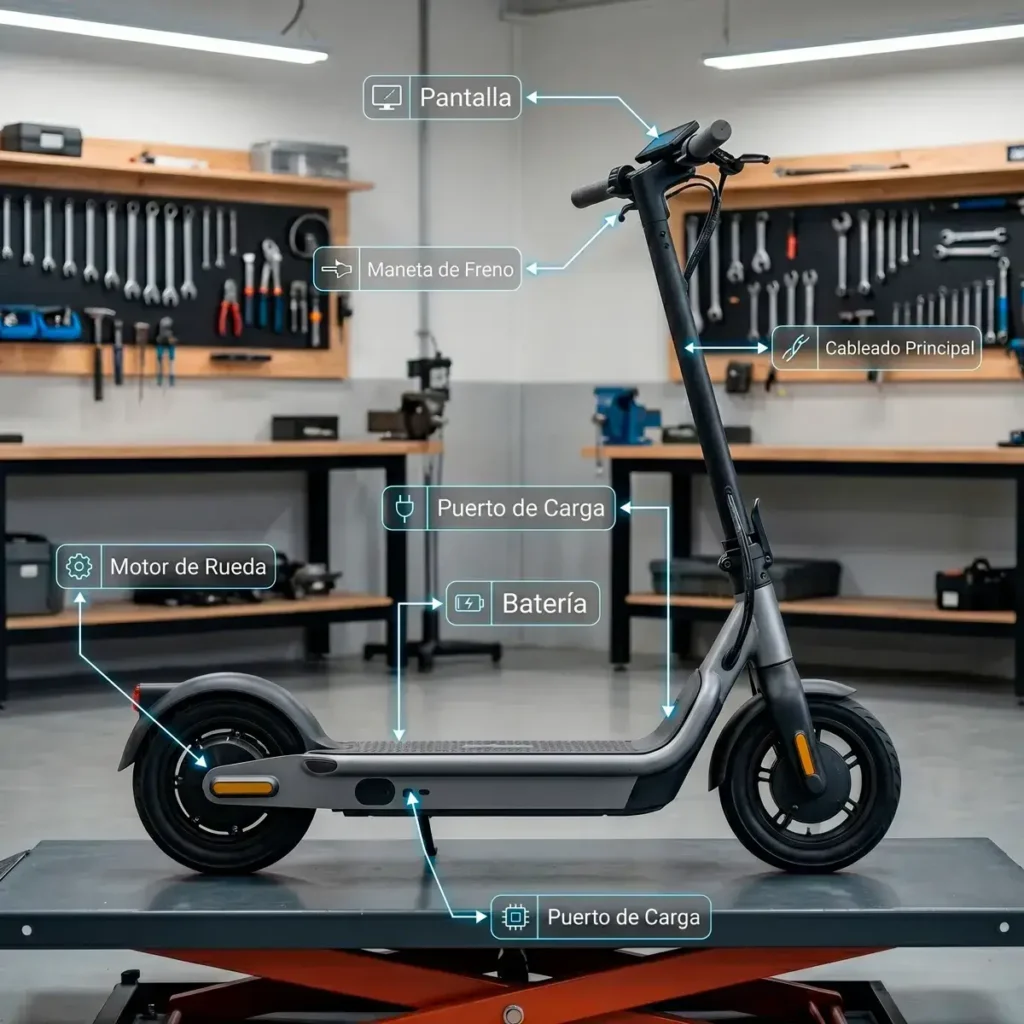 Patinete eléctrico en taller para revisar fallos y averías