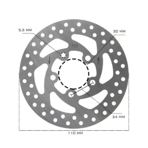 Diagrama técnico mostrando las dimensiones del Disco de Freno 110 mm para Patinete Eléctrico con diseño ventilado y superficie ancha.