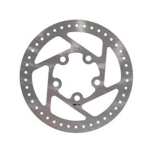 Vista frontal del disco de freno de 110 mm para Patinete Eléctrico Xiaomi, compatible con 5 tornillos, mostrando su acabado robusto y ajuste perfecto para una frenada eficaz.