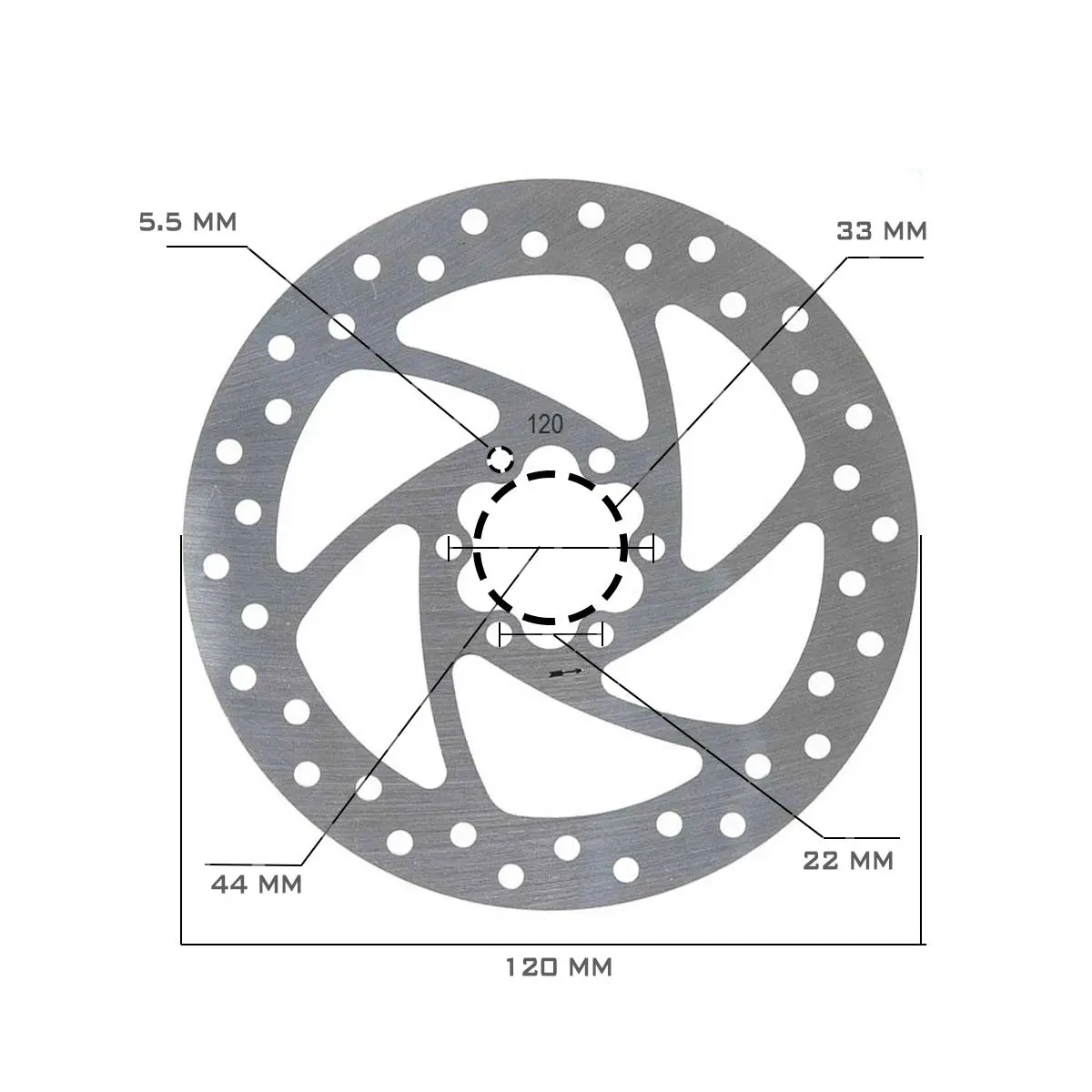 Diagrama técnico mostrando las medidas exactas del disco de freno de 120 mm para Patinete Eléctrico Cecotec, incluyendo sistema de anclaje de 6 tornillos.