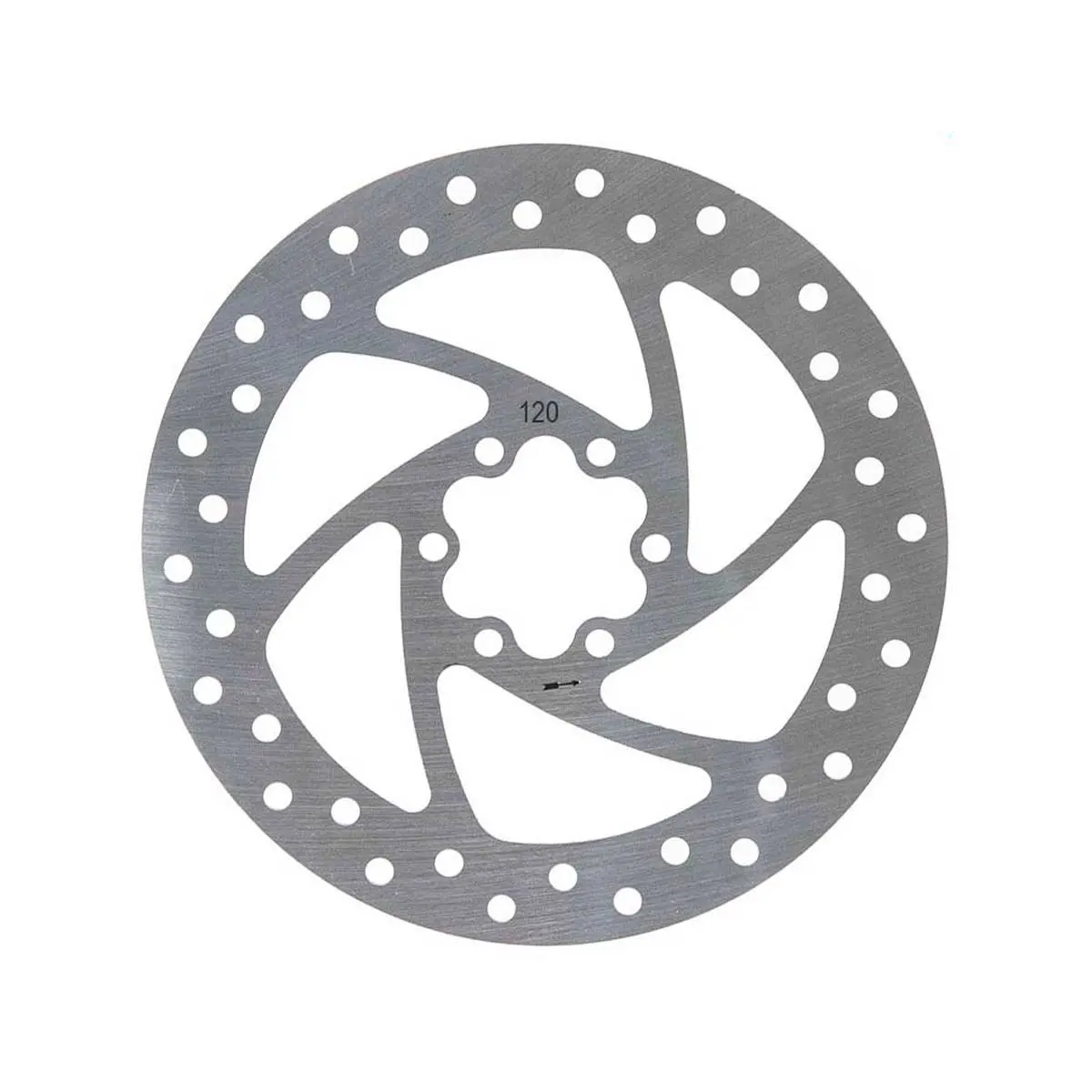 Vista frontal del resistente Disco de Freno 120 mm para Patinete Eléctrico Cecotec, diseñado en acero inoxidable con anclaje de 6 tornillos, compatible con la Serie A.