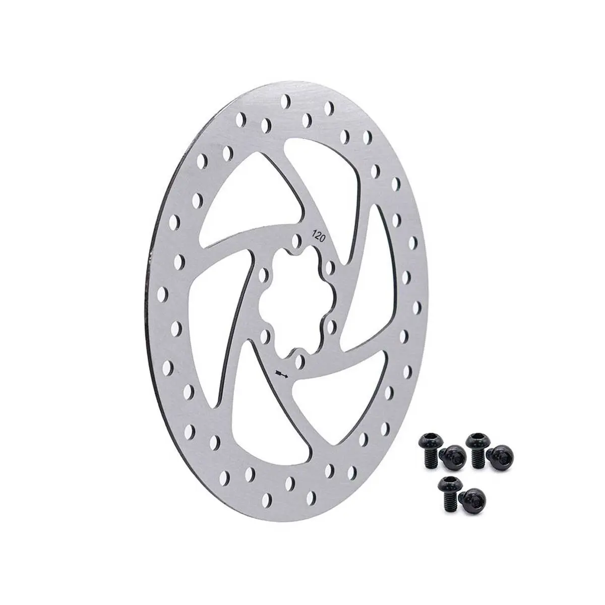 Disco de Freno 120 mm de acero inoxidable para Patinete Eléctrico Cecotec, mostrando el diseño optimizado con anclaje de 6 tornillos en vista perspectiva.