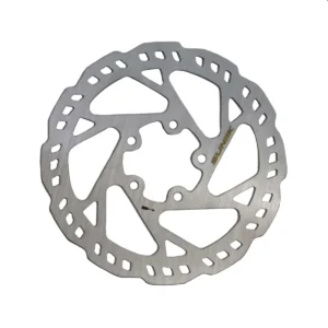 Detalle frontal del disco de freno de 120 mm para Patinete Eléctrico, modelo dentado con cinco tornillos, destacando su diseño ondulado en acero inoxidable para mejor ventilación y rendimiento.