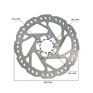 Dibujo técnico con el esquema de dimensiones del disco de freno dentado de 120 mm para Patinete Eléctrico, destacando su diseño ondulado y patrón de 5 tornillos.