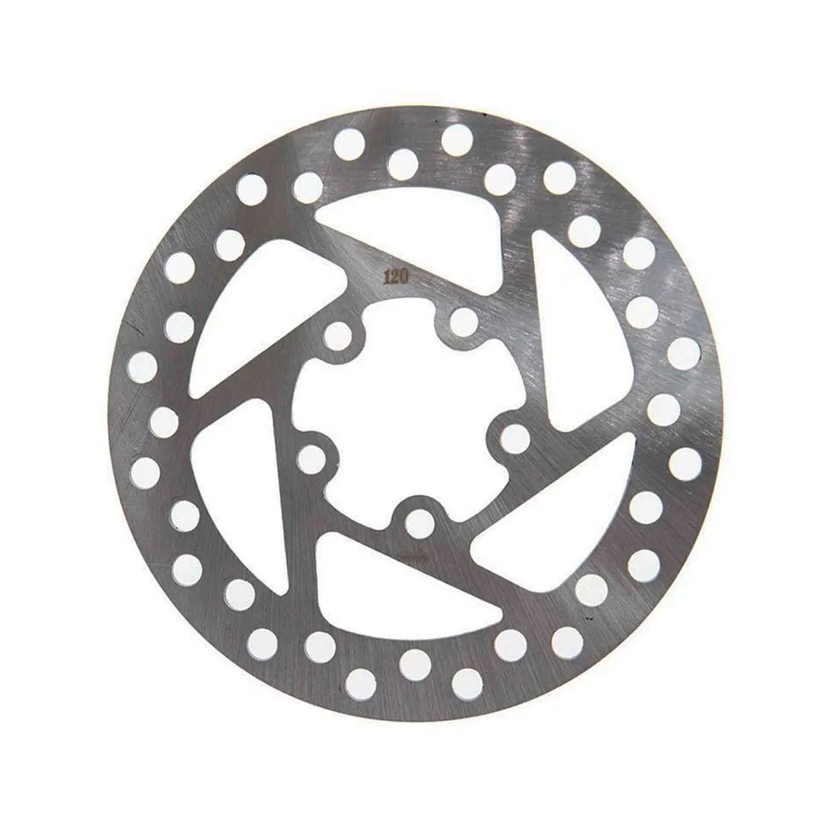 Vista frontal del disco de freno de 120 mm para Patinete Eléctrico Xiaomi, con 5 orificios de anclaje y acabado en acero inoxidable endurecido.