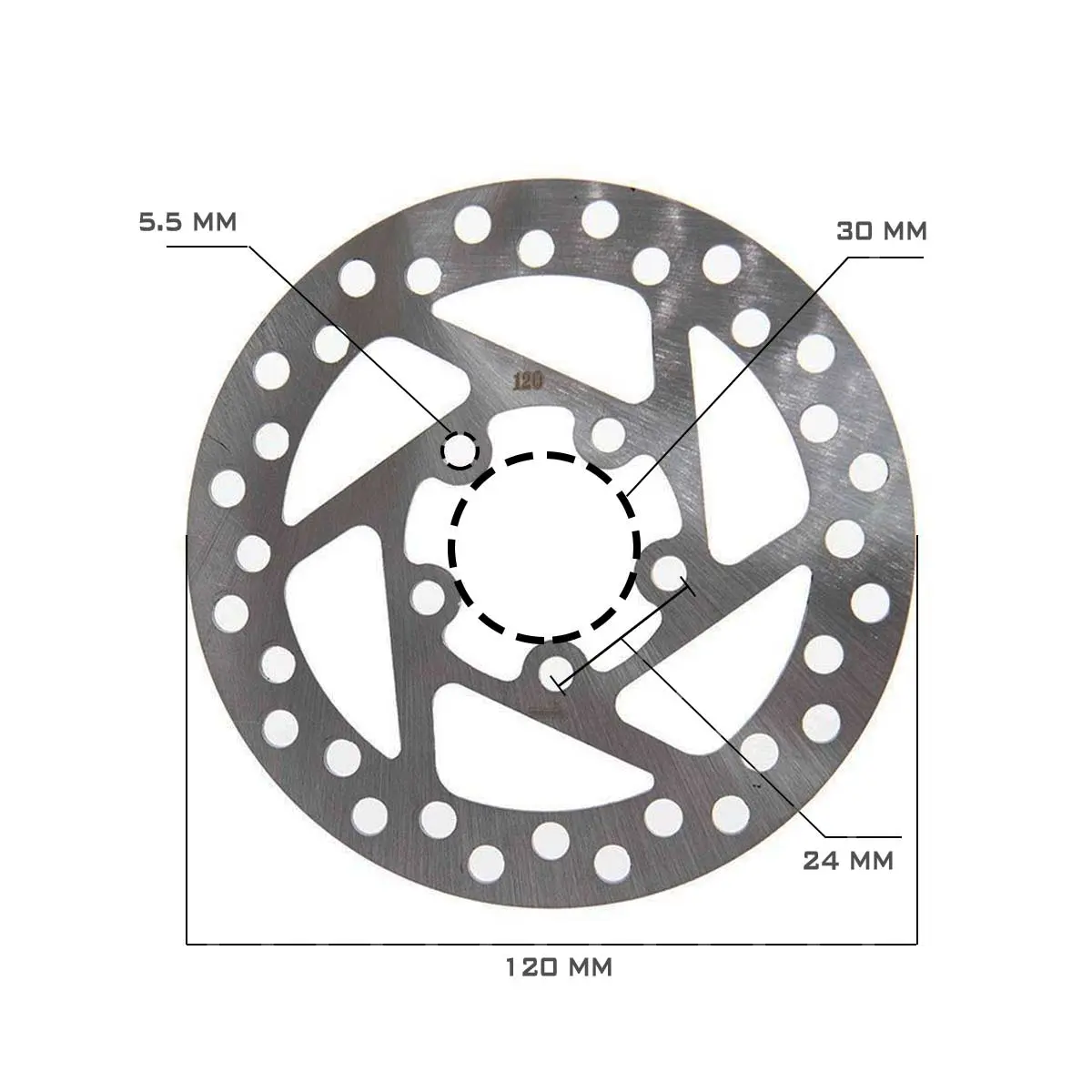 Diagrama de dimensiones detalladas mostrando el disco de freno de 120 mm para Patinete Eléctrico Xiaomi con anclaje de 5 agujeros.