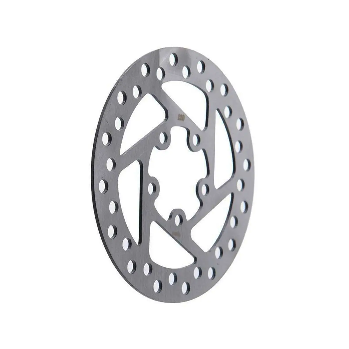 Disco de freno de 120 mm para Patinete Eléctrico Xiaomi visto en perspectiva, con diseño en acero inoxidable de 5 orificios para mejorar la frenada y un montaje eficiente.