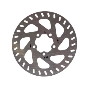 Vista frontal del Disco de Freno 130 mm para Patinete Eléctrico Xiaomi Mi 4 Pro con sistema de fijación de 5 tornillos reforzado, mostrando su robusto acabado en acero inoxidable.