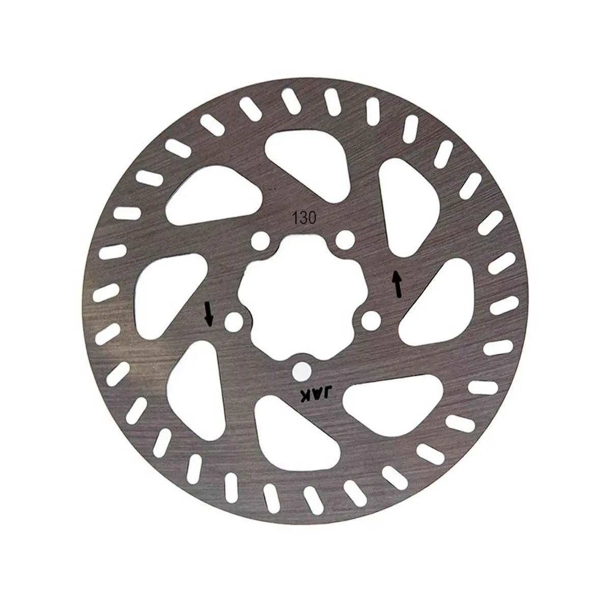 Vista frontal del Disco de Freno 130 mm para Patinete Eléctrico Xiaomi Mi 4 Pro con sistema de fijación de 5 tornillos reforzado, mostrando su robusto acabado en acero inoxidable.