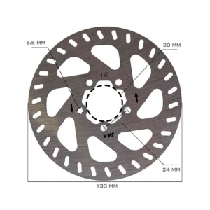 Diagrama de instalación con medidas precisas del Disco de Freno 130 mm para Patinete Eléctrico Xiaomi Mi 4 Pro, mostrando sistema de fijación de 5 tornillos reforzados.