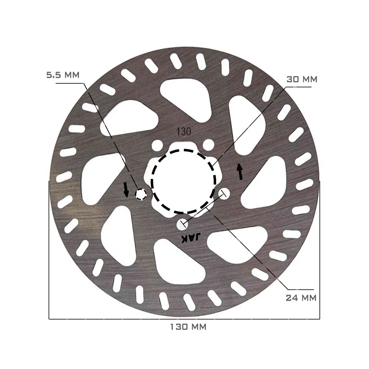 Diagrama de instalación con medidas precisas del Disco de Freno 130 mm para Patinete Eléctrico Xiaomi Mi 4 Pro, mostrando sistema de fijación de 5 tornillos reforzados.