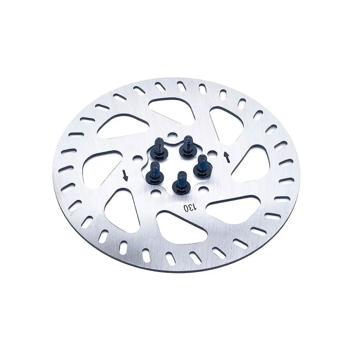 Vista superior del Disco de Freno para Patinete Eléctrico Xiaomi Mi 4 Pro de 130 mm, con sistema reforzado de 5 tornillos y acabado en acero inoxidable.