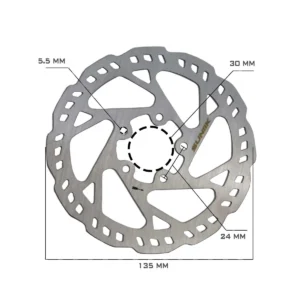 Diagrama de dimensiones del Disco de Freno 135 mm dentado para Patinete Eléctrico con patrón de fijación de 5 agujeros y distancia de 24 mm entre ellos.