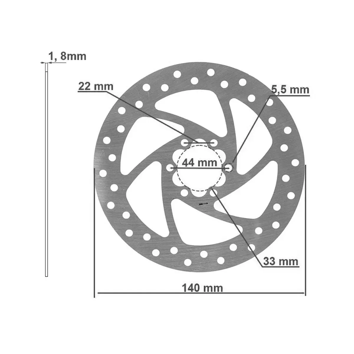 Diagrama técnico con las dimensiones y especificaciones detalladas del Disco de Freno 140 mm para Patinete Eléctrico, mostrando la estructura de anclaje de 6 tornillos.