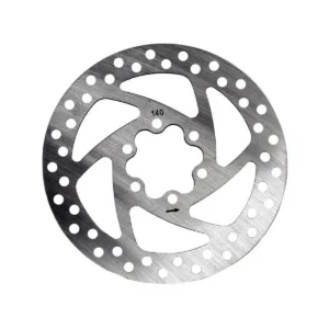 Vista frontal del Disco de Freno 140 mm para Patinete Eléctrico Smartgyro, fabricado en acero inoxidable con diseño perforado y fijación de 6 tornillos universales.