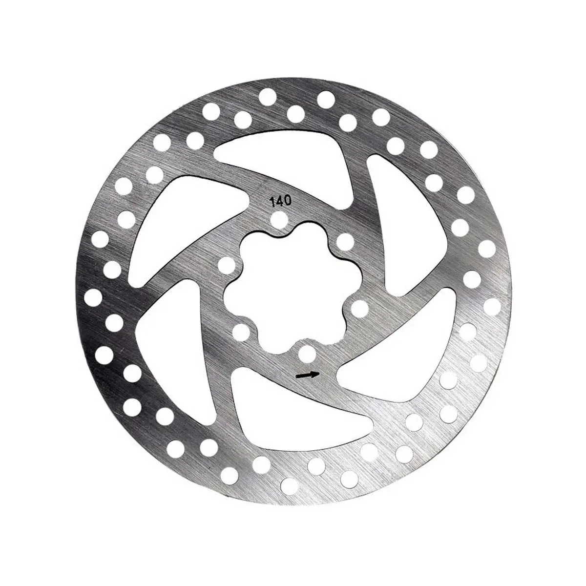Vista frontal del Disco de Freno 140 mm para Patinete Eléctrico Smartgyro, fabricado en acero inoxidable con diseño perforado y fijación de 6 tornillos universales.