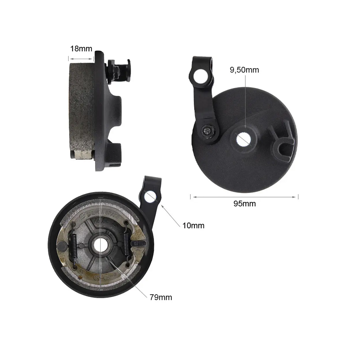 Esquema de dimensiones del freno de tambor reforzado para Patinete Eléctrico Ninebot Max G30, mostrando diámetros y detalles técnicos de instalación.