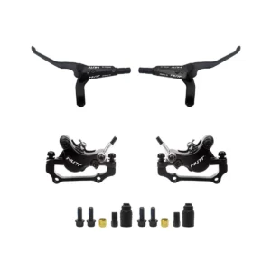 Pack completo de frenos hidráulicos NUTT para Patinete Eléctrico, con manetas eléctricas, pinzas de doble pistón y latiguillos simétricos pre-cargados.