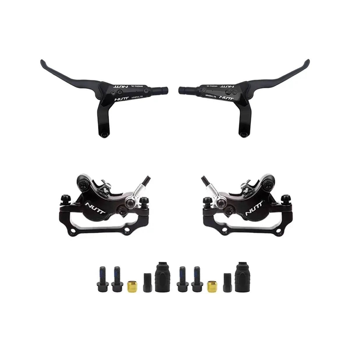 Pack completo de frenos hidráulicos NUTT para Patinete Eléctrico, con manetas eléctricas, pinzas de doble pistón y latiguillos simétricos pre-cargados.
