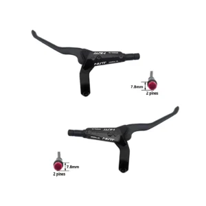 Detalle del Kit Freno Hidráulico NUTT Dual con pinzas de doble pistón y manetas eléctricas para Patinete Eléctrico, mostrando su acabado en aluminio y la disposición simétrica de los cables.