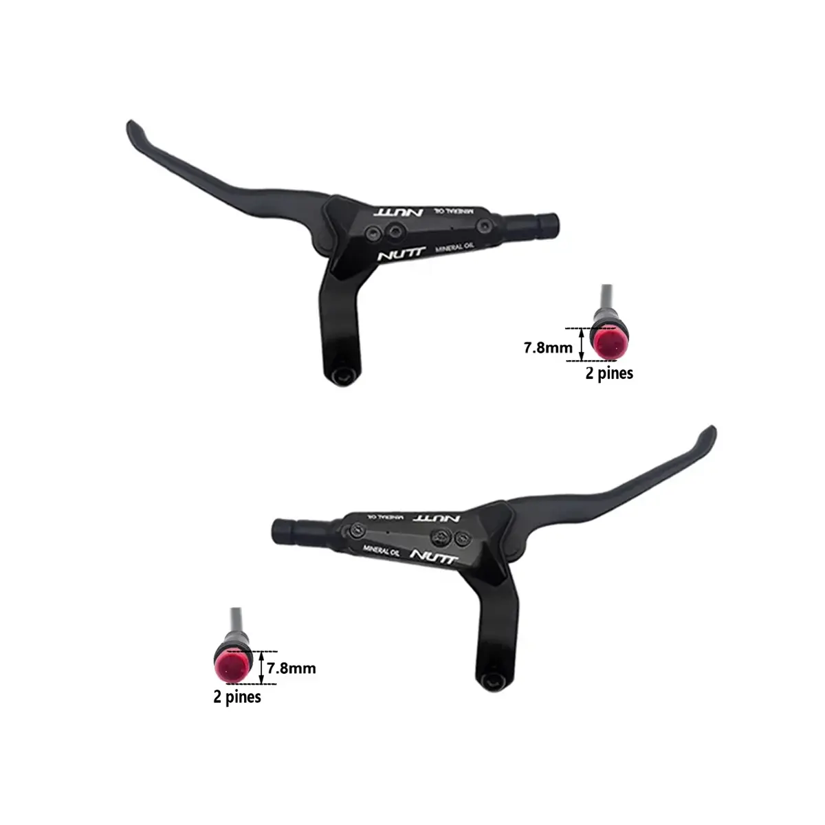 Detalle del Kit Freno Hidráulico NUTT Dual con pinzas de doble pistón y manetas eléctricas para Patinete Eléctrico, mostrando su acabado en aluminio y la disposición simétrica de los cables.