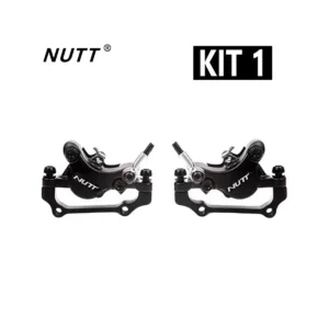 Vista frontal del Kit Freno Hidráulico NUTT Dual para Patinete Eléctrico, mostrando las robustas pinzas de doble pistón en aluminio forjado y manetas eléctricas con corte motor.
