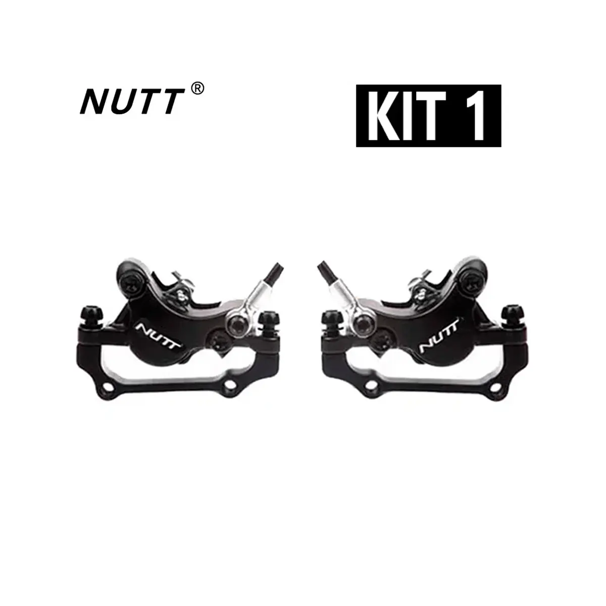 Vista frontal del Kit Freno Hidráulico NUTT Dual para Patinete Eléctrico, mostrando las robustas pinzas de doble pistón en aluminio forjado y manetas eléctricas con corte motor.