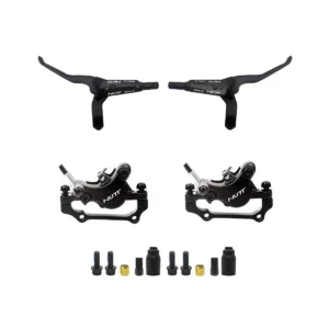 Pack completo del Kit Freno Hidráulico NUTT Dual para Patinete Eléctrico, con manetas eléctricas, pinzas de doble pistón y latiguillos configurados para salida izquierda.