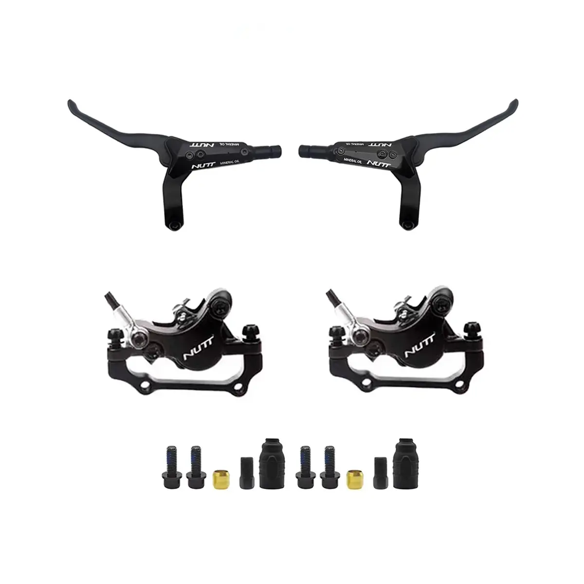 Pack completo del Kit Freno Hidráulico NUTT Dual para Patinete Eléctrico, con manetas eléctricas, pinzas de doble pistón y latiguillos configurados para salida izquierda.