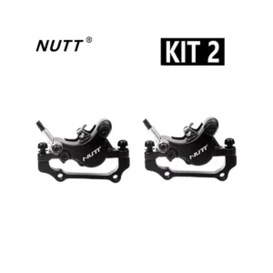 Vista frontal del Kit Freno Hidráulico NUTT Dual para Patinete Eléctrico, mostrando manetas eléctricas con corte motor y pinza robusta de doble pistón.