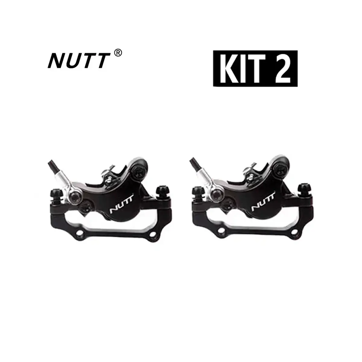 Vista frontal del Kit Freno Hidráulico NUTT Dual para Patinete Eléctrico, mostrando manetas eléctricas con corte motor y pinza robusta de doble pistón.