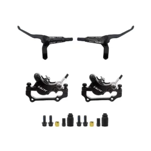 Kit Freno Hidráulico NUTT Dual para Patinete Eléctrico con manetas eléctricas de corte motor y pinzas de doble pistón, ideal para una instalación precisa y segura.