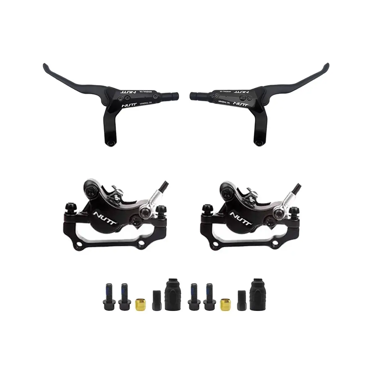 Kit Freno Hidráulico NUTT Dual para Patinete Eléctrico con manetas eléctricas de corte motor y pinzas de doble pistón, ideal para una instalación precisa y segura.