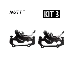 Vista frontal del Kit Freno Hidráulico NUTT Dual para Patinete Eléctrico, mostrando las robustas pinzas dobles con salida de latiguillo a la derecha y manetas eléctricas con sensor de corte de motor.