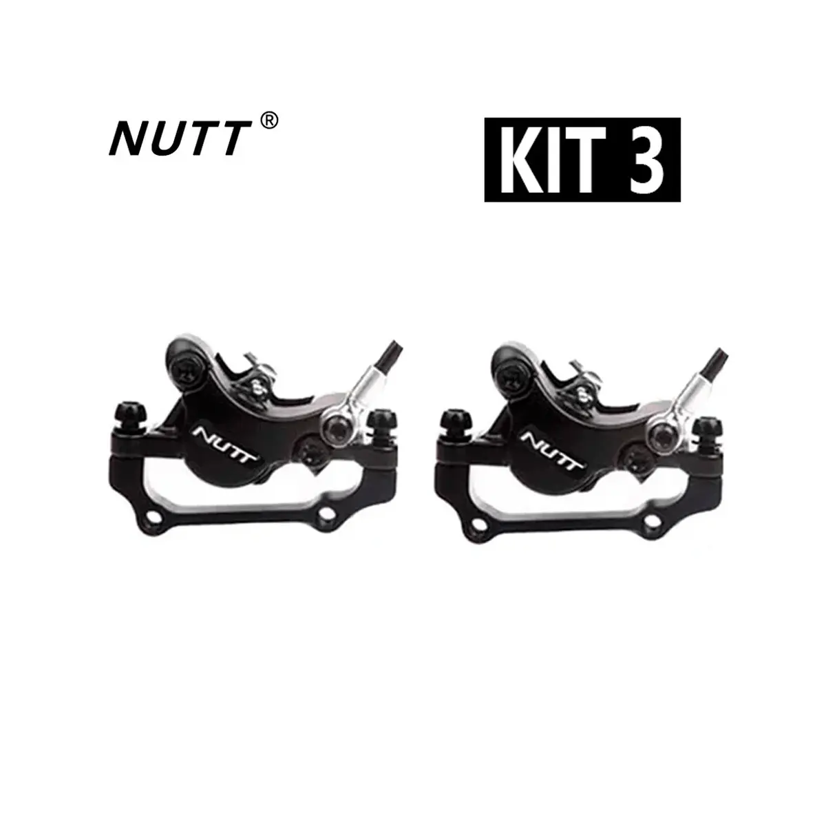 Vista frontal del Kit Freno Hidráulico NUTT Dual para Patinete Eléctrico, mostrando las robustas pinzas dobles con salida de latiguillo a la derecha y manetas eléctricas con sensor de corte de motor.
