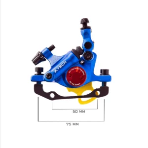 Diagrama técnico con las dimensiones precisas del Kit Freno Semi-Hidráulico Xtech Azul para Patinete Eléctrico, mostrando la pinza, el adaptador y el disco de 120mm.