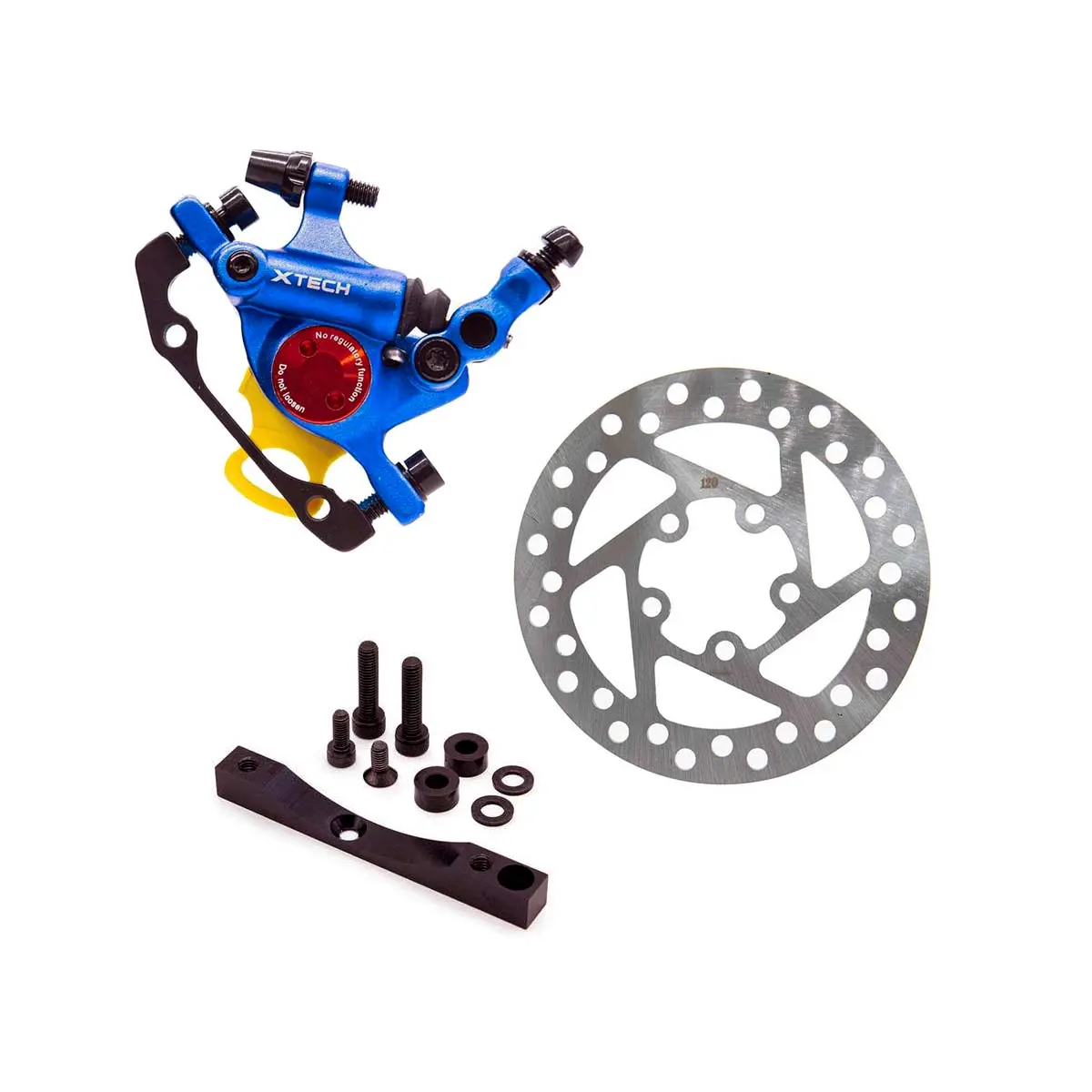 Kit completo de frenos para Patinete Eléctrico con pinza Xtech azul eléctrico, disco de 120mm y adaptador CNC para mejora de frenado.