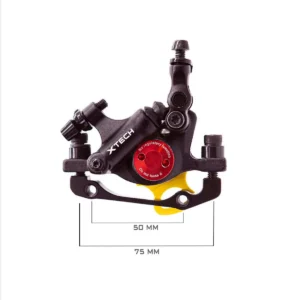 Diagrama técnico con las medidas detalladas del Kit Freno Semi-Hidráulico Xtech Negro para Patinete Eléctrico, incluyendo el disco de 120 mm y el adaptador CNC.
