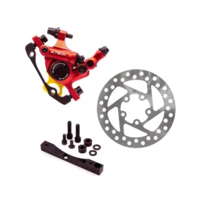 Pack completo de freno semi-hidráulico Xtech rojo anodizado para Patinete Eléctrico, incluye pinza de doble pistón, disco 120mm y adaptador CNC.