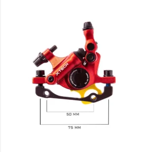 Diagrama de instalación para Patinete Eléctrico mostrando las medidas del kit Xtech rojo anodizado, incluye disco de 120mm y adaptador CNC.