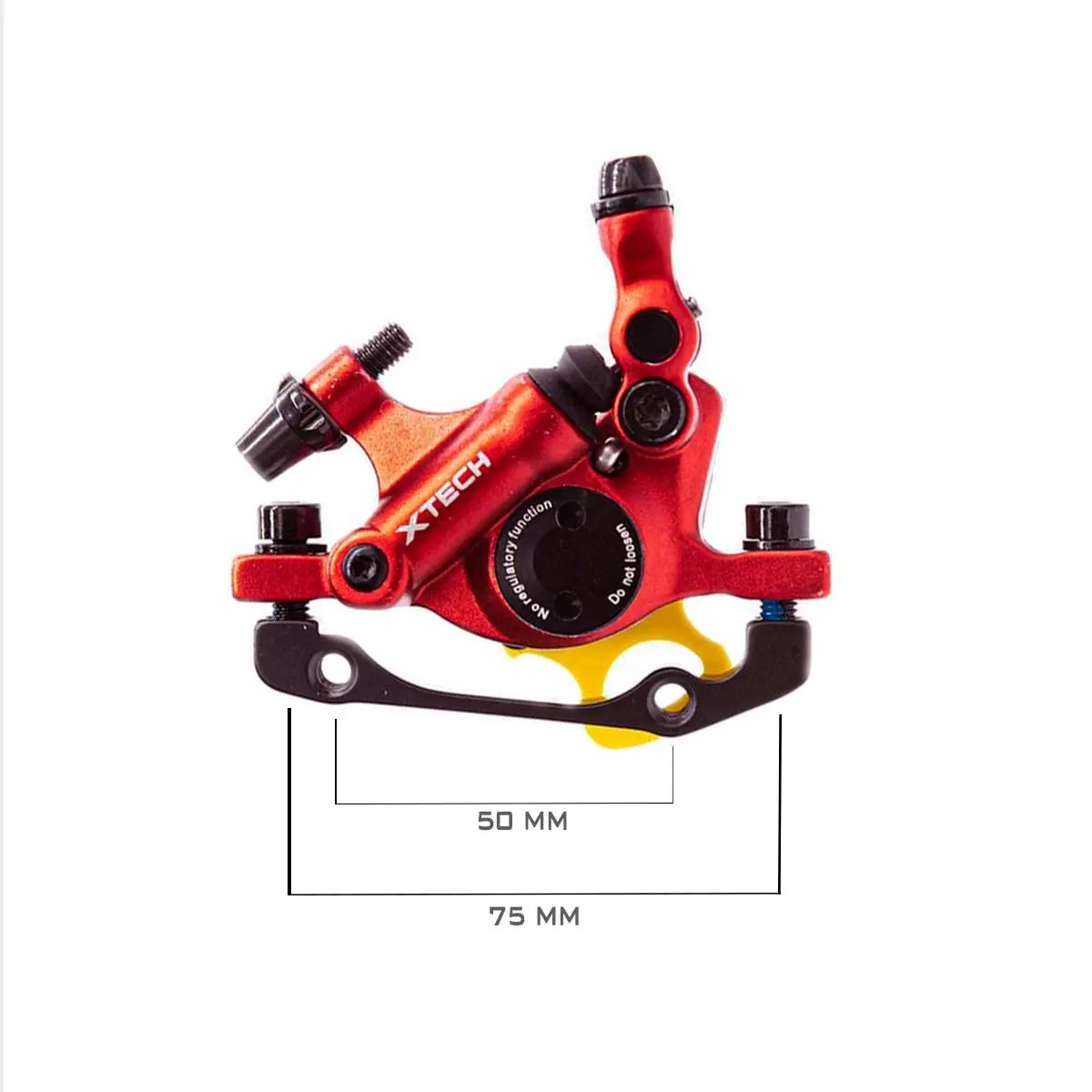Diagrama de instalación para Patinete Eléctrico mostrando las medidas del kit Xtech rojo anodizado, incluye disco de 120mm y adaptador CNC.