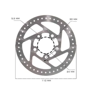 Esquema técnico con las medidas del kit de freno para Patinete Eléctrico Xiaomi M365, 1S y Essential, mostrando la pinza mecánica y el disco de 110mm.