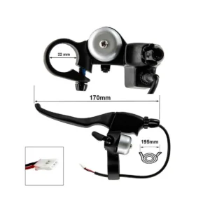 Diagrama de instalación detallado de la maneta de freno para Patinete Eléctrico Cecotec Bongo Serie A, mostrando medidas de longitud total, diámetro de anclaje y longitud del cable.