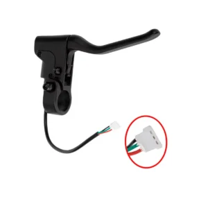Detalle del conector JST de 3 pines para maneta de freno compatible con patinete eléctrico, con cuerpo en aluminio negro mate y cables rojo, negro y verde.