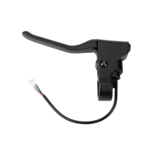 Vista frontal de la maneta de freno negra mate para Patinete Eléctrico, compatible con clones Xiaomi y modelos genéricos, mostrando su sólido cuerpo de aluminio y conector de 3 pines.