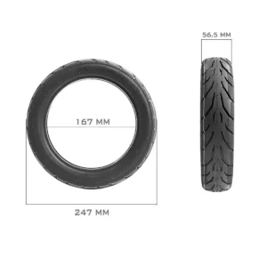 Detalles técnicos del neumático Yuanxing 10x2.125 estándar reforzado para patinete eléctrico, medidas grabadas.