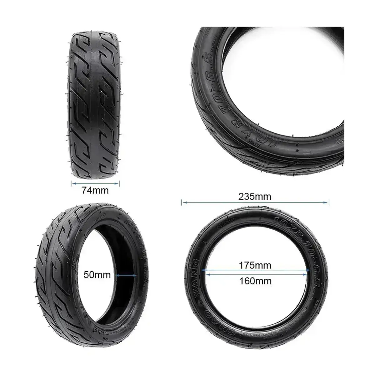 Especificaciones técnicas del neumático Chaoyang 10x2.70-6.5 para patinete eléctrico, detalle de medidas grabadas.