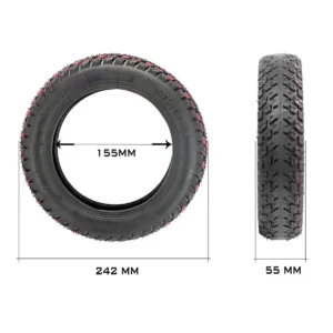 Detalle de medidas y especificaciones técnicas del neumático offroad 10x2 para patinete eléctrico, grabadas en el caucho.